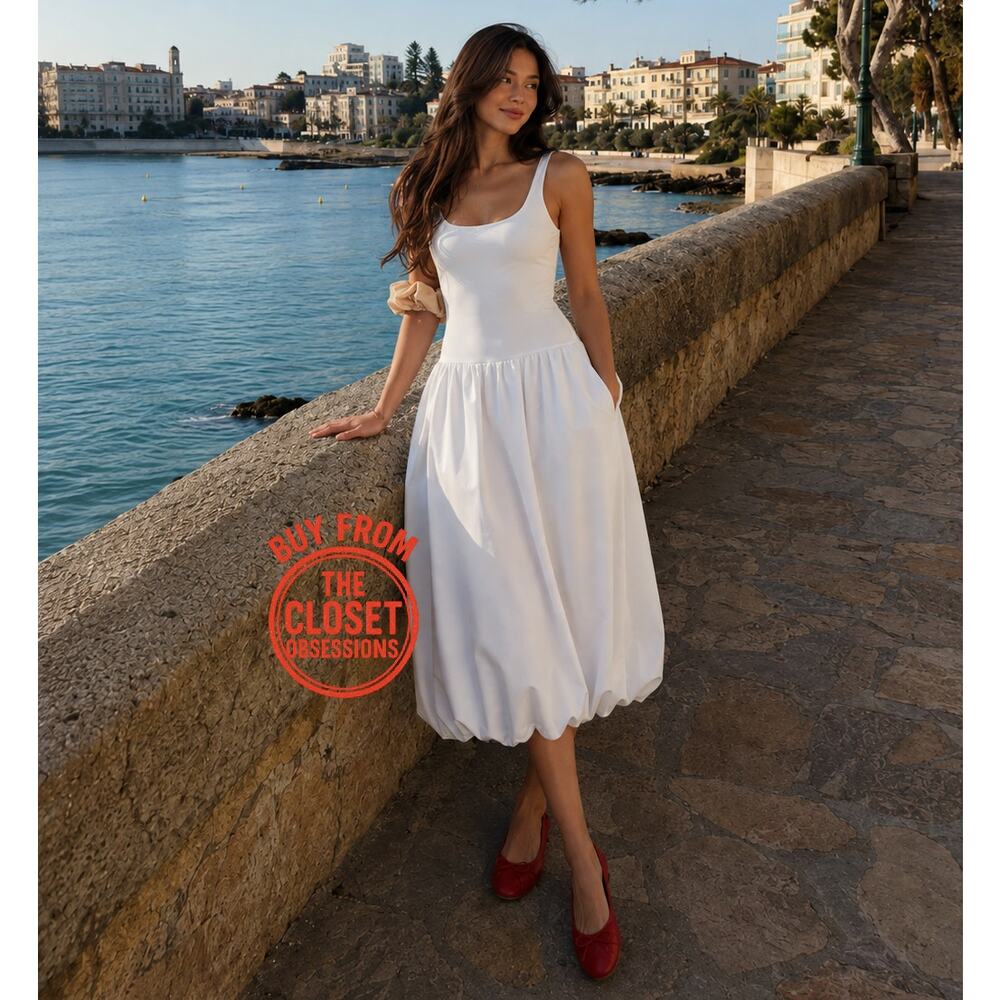 ZARA White Balloon Midi Dress NWT Knit Bodice Cotton Poplin Skirt M - Picture 7 of 16
